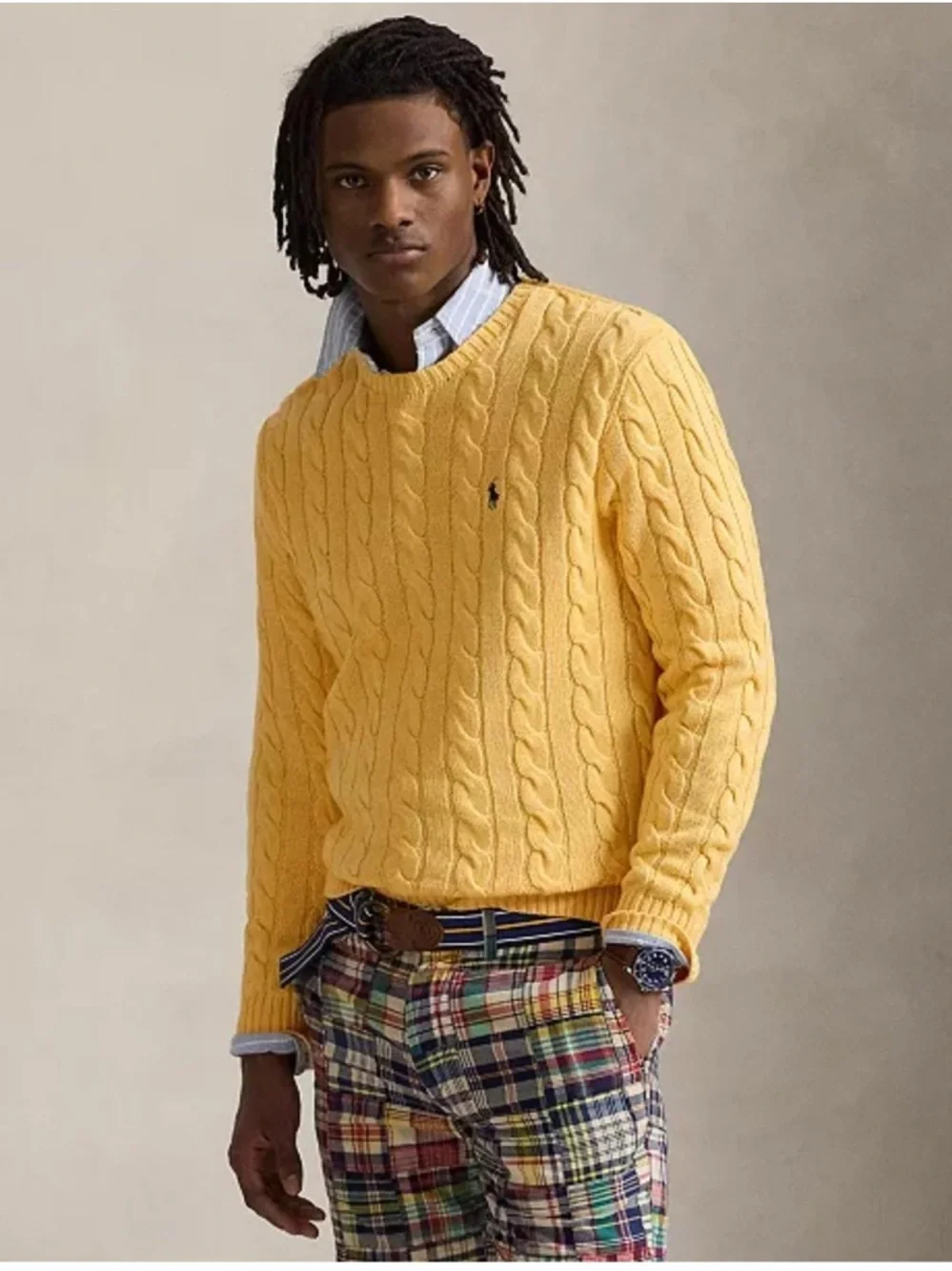 Ralph Lauren Men’s Yellow Cable-Knit Crewneck Sweater